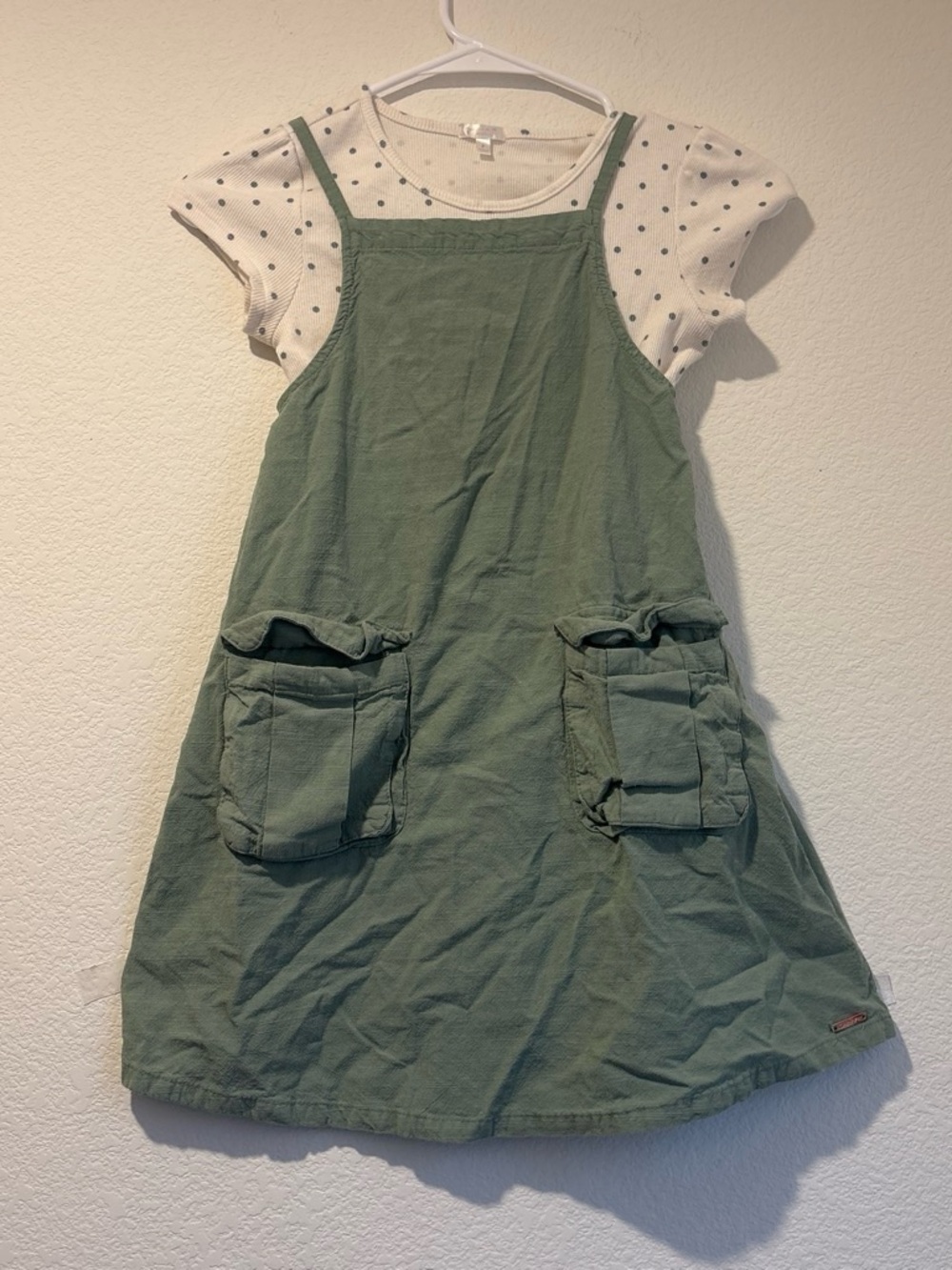 Girls' Olive Green Pinafore Dress with Front Patch Pockets